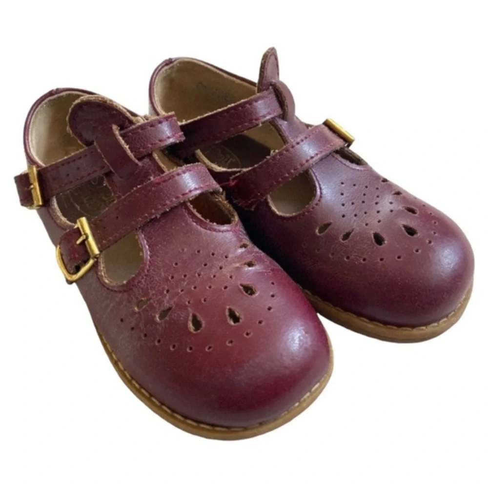 VINTAGE Shoes Leather Double T Strap Mary Janes Red Dress Buckle Maroon